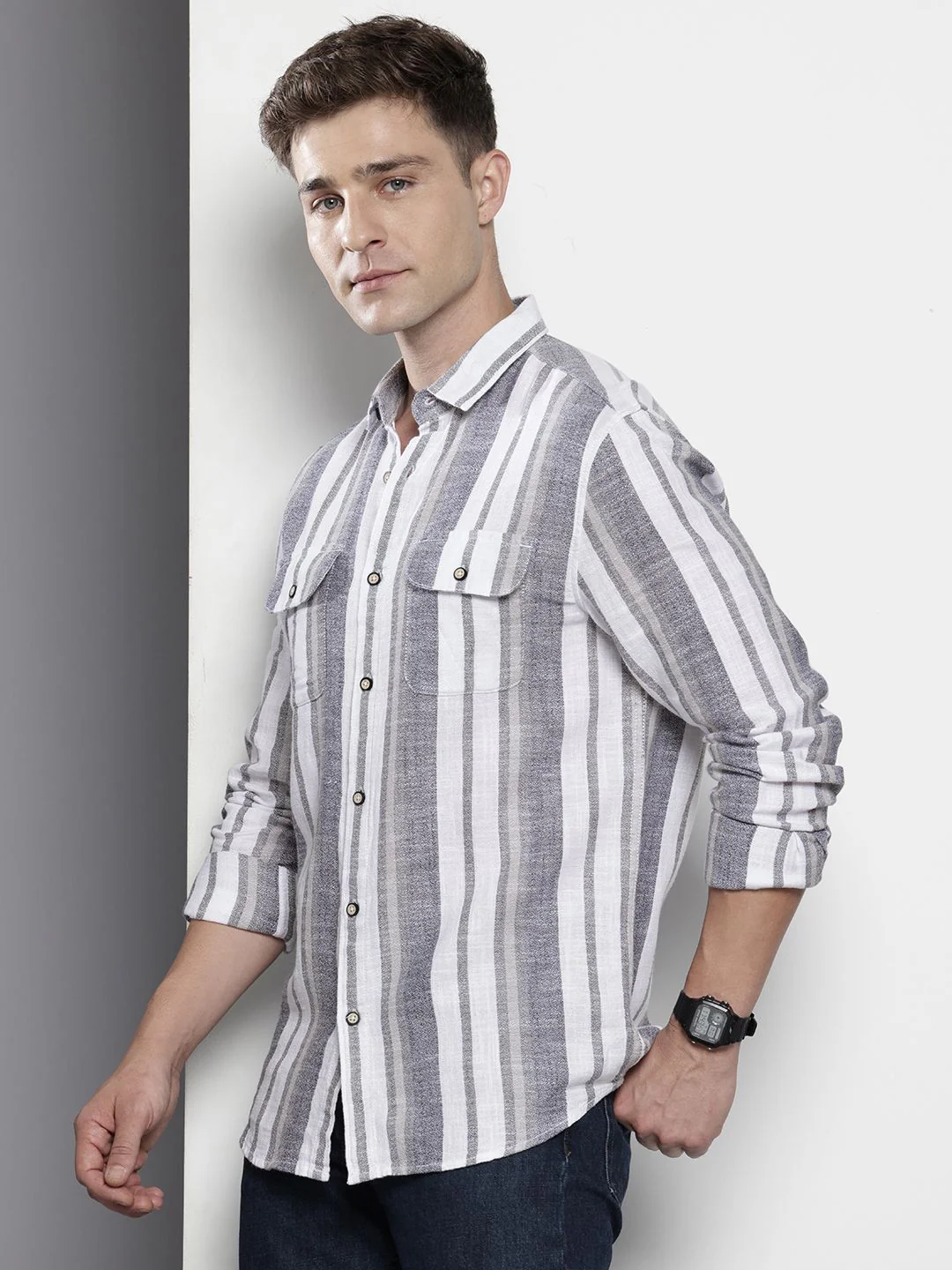 Men's Grey Slim Fit Striped Casual Shirt - Image 2