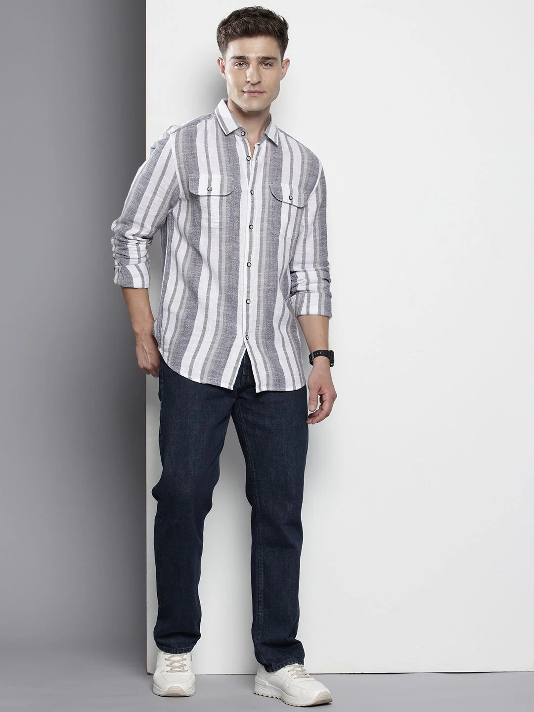 Men's Grey Slim Fit Striped Casual Shirt - Image 3