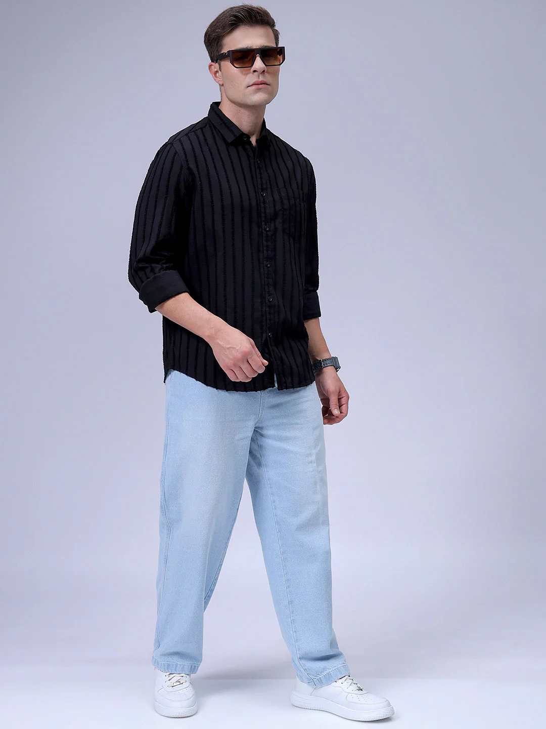 Men's Black Slim Fit Textured Casual Shirt - Image 2