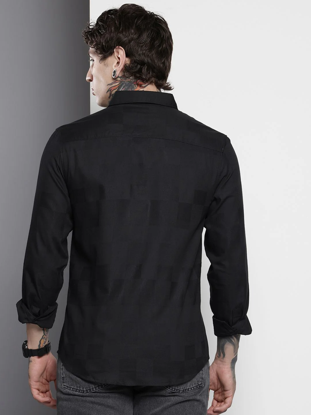Men's Black Slim Fit Textured Party Wear Shirt - Image 5