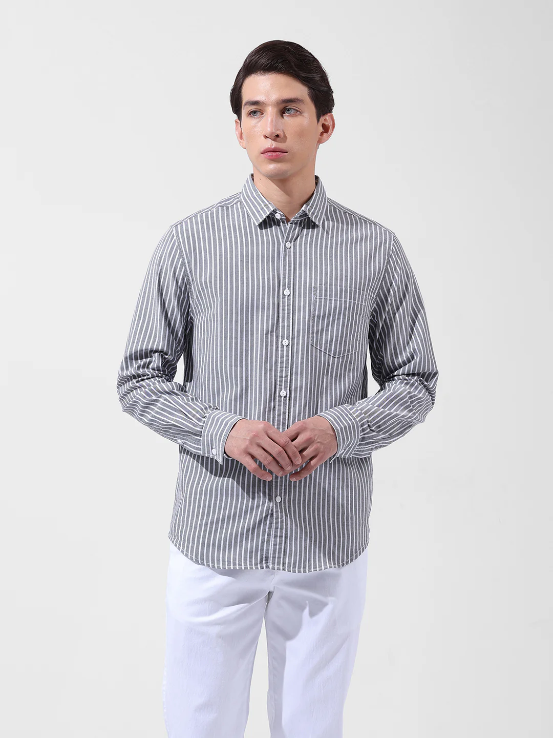 Men's Black Slim Fit Striped Striped Shirt - Image 6