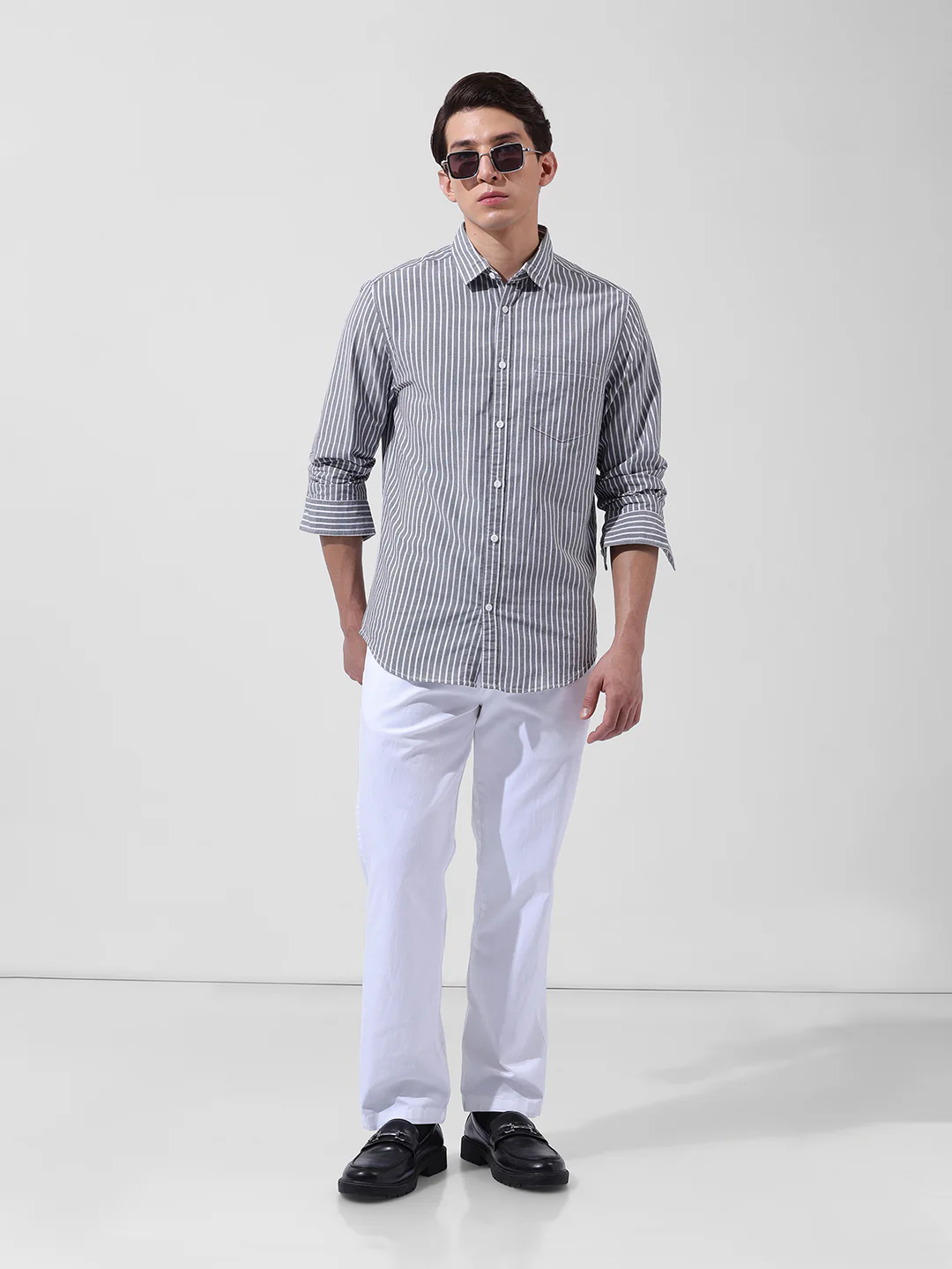 Men's Black Slim Fit Striped Striped Shirt - Image 7