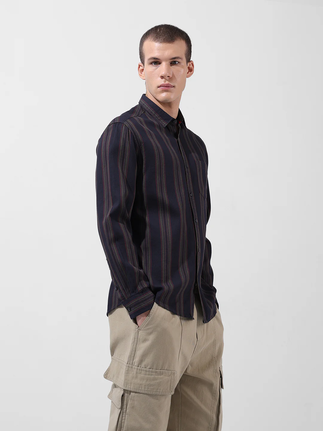 Men's Black Slim Fit Striped Casual Shirt - Image 2