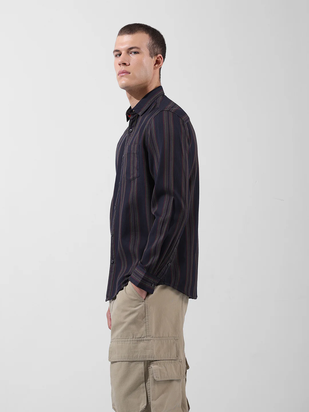 Men's Black Slim Fit Striped Casual Shirt - Image 3