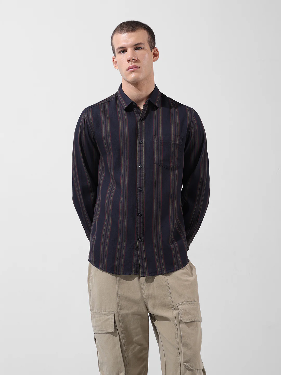 Men's Black Slim Fit Striped Casual Shirt - Image 6
