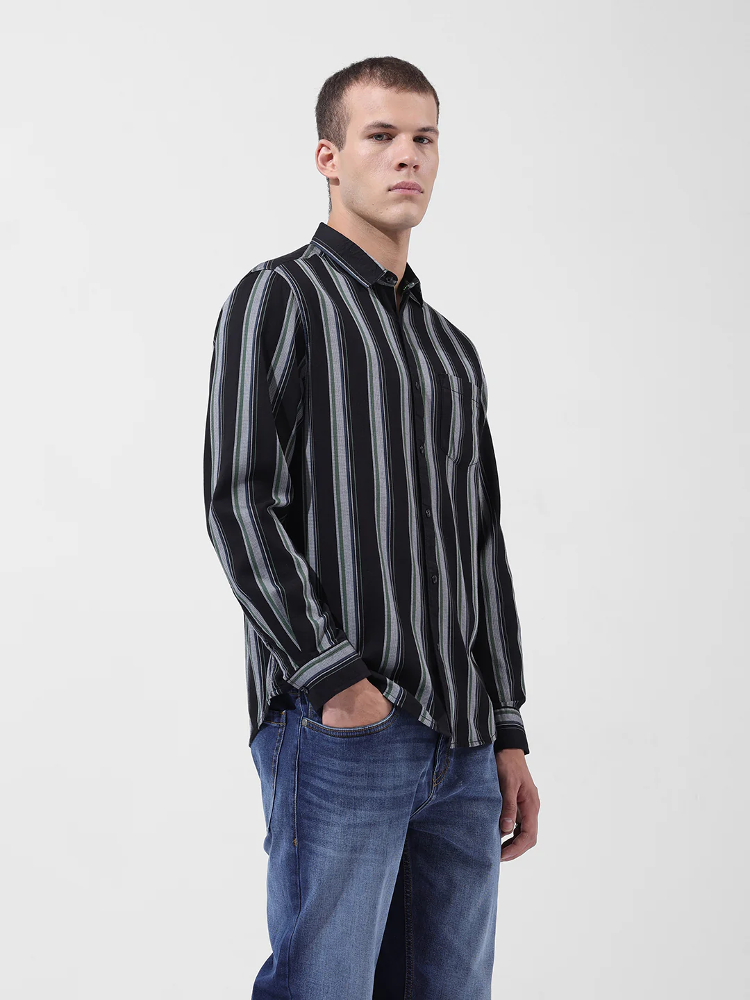 Men's Black Slim Fit Striped Casual Shirt - Image 3