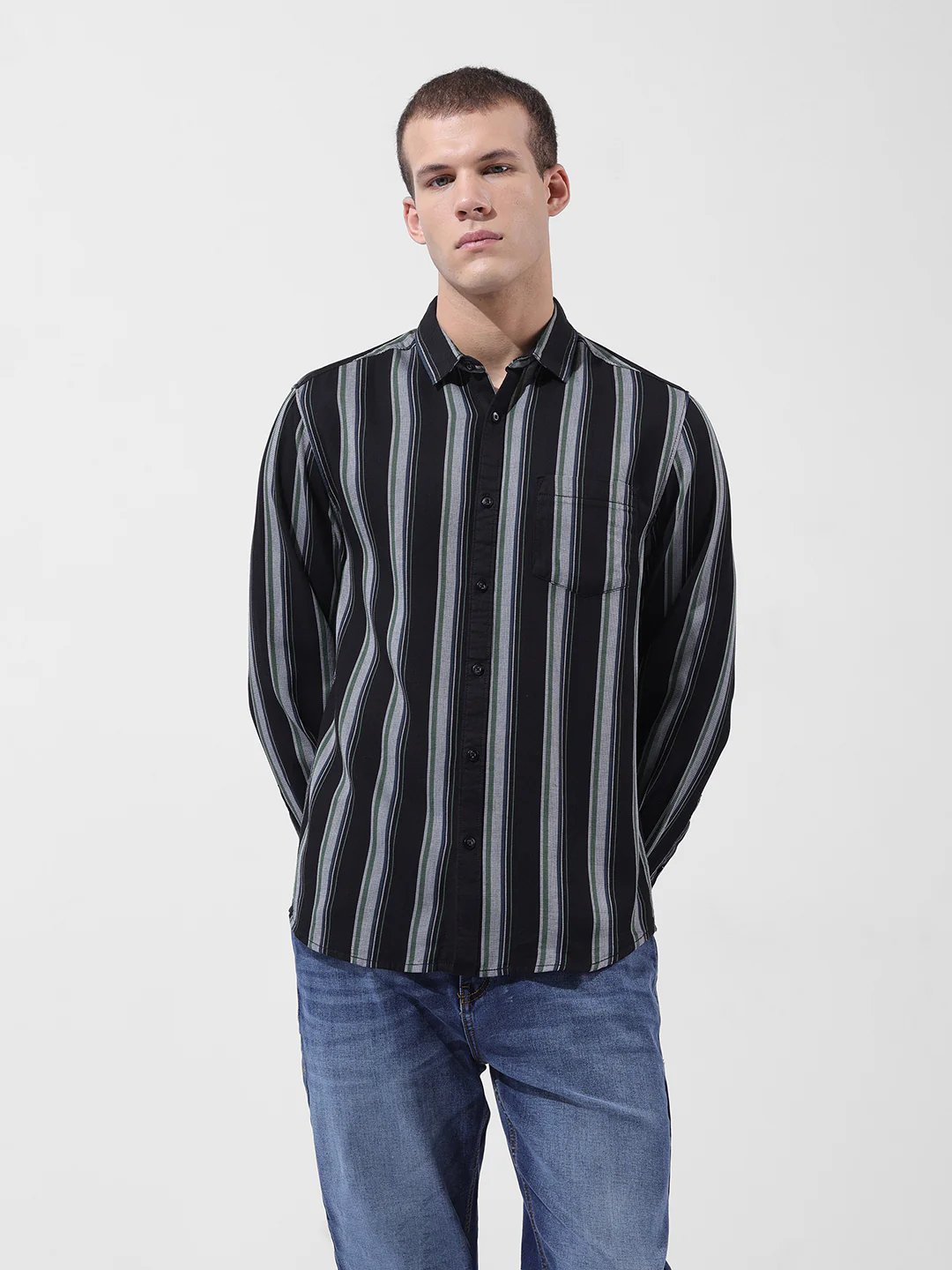 Men's Black Slim Fit Striped Casual Shirt - Image 7