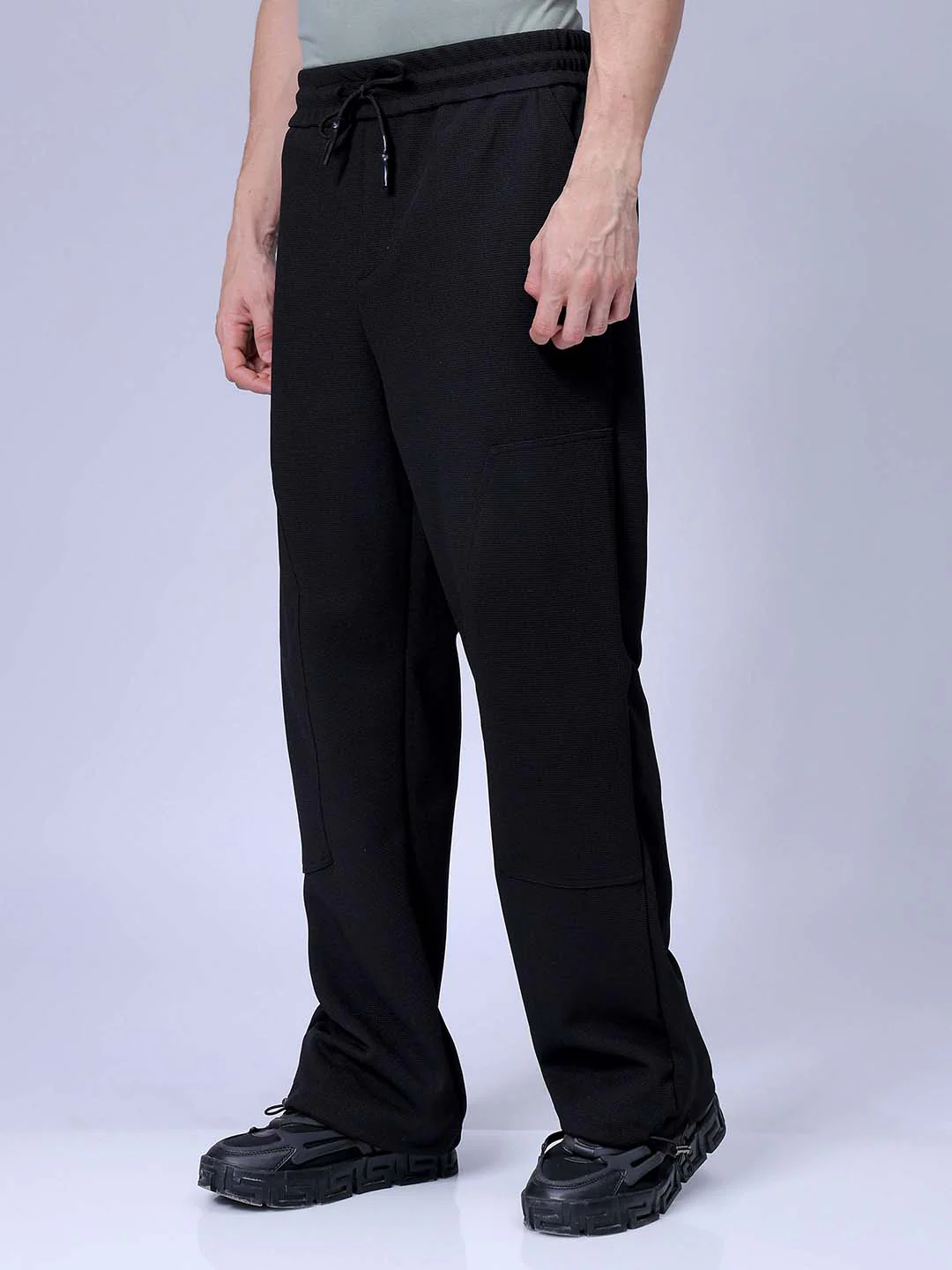 Men's Black Wide Leg Fit Textured Utility Trouser - Image 2