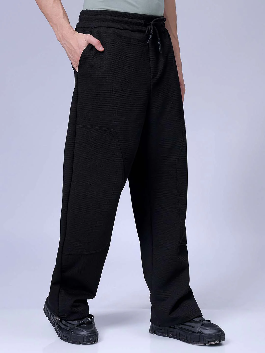 Men's Black Wide Leg Fit Textured Utility Trouser - Image 3