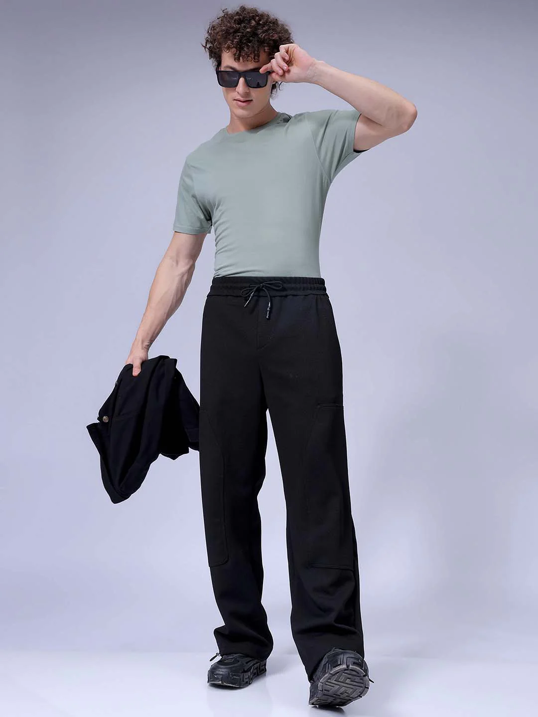 Men's Black Wide Leg Fit Textured Utility Trouser - Image 4