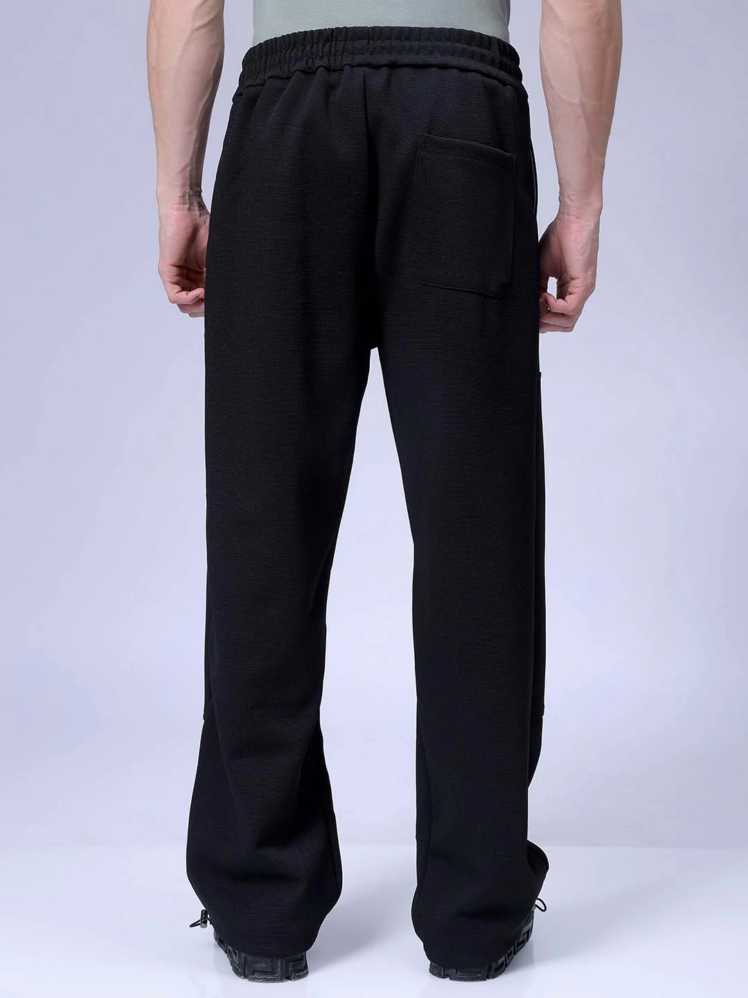 Men's Black Wide Leg Fit Textured Utility Trouser - Image 5