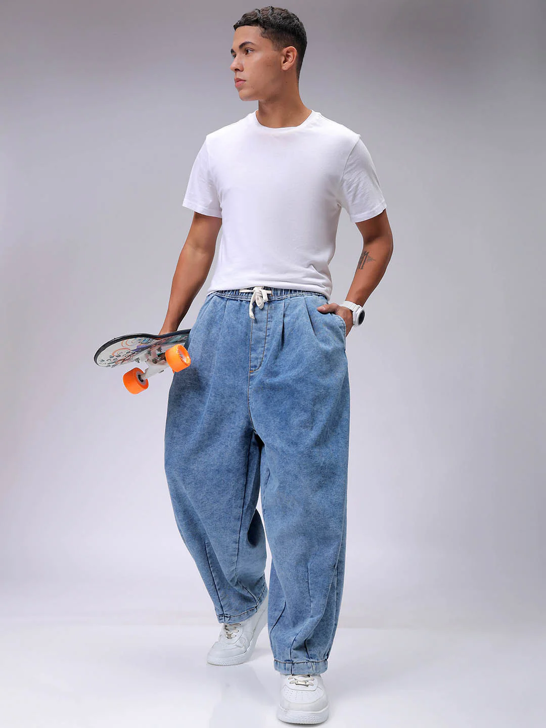 Men's Light Blue Baggy Fit Solid Street Wear Jeans - Image 3
