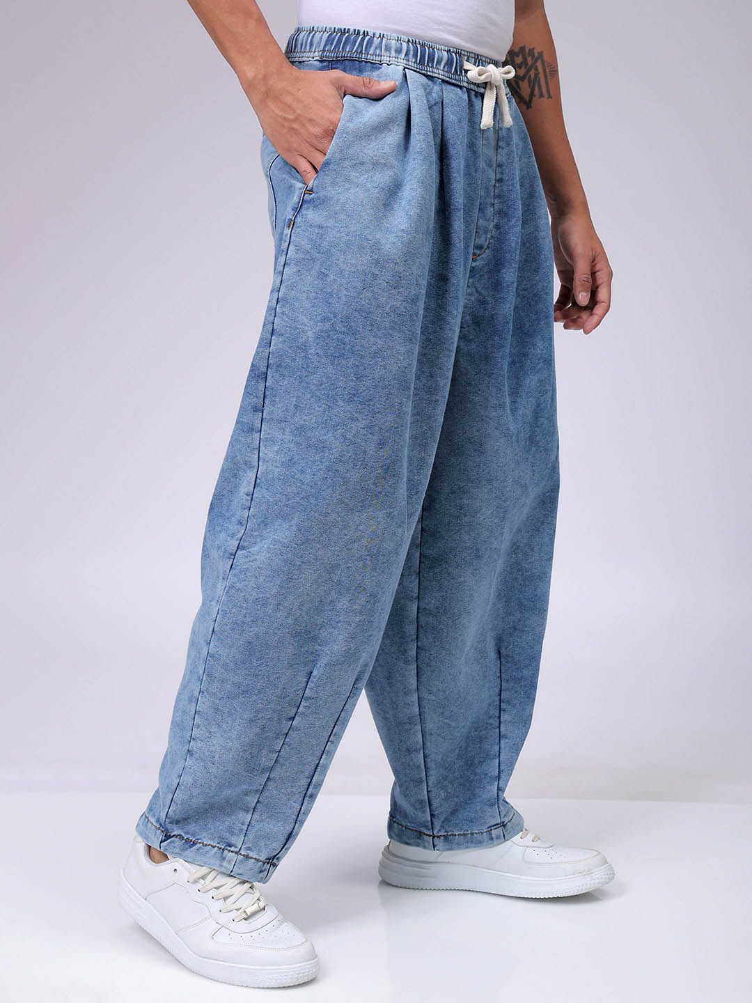 Men's Light Blue Baggy Fit Solid Street Wear Jeans - Image 4