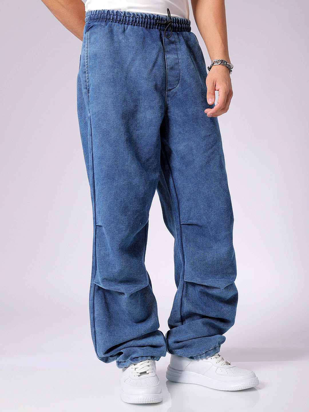 Men's Blue Baggy Fit Solid Utility Jeans - Image 3