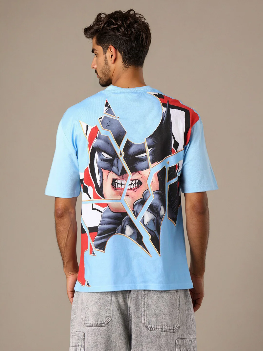 Men's Blue Boxy Fit Character Batman Printed Crew Neck T-Shirt - Image 3