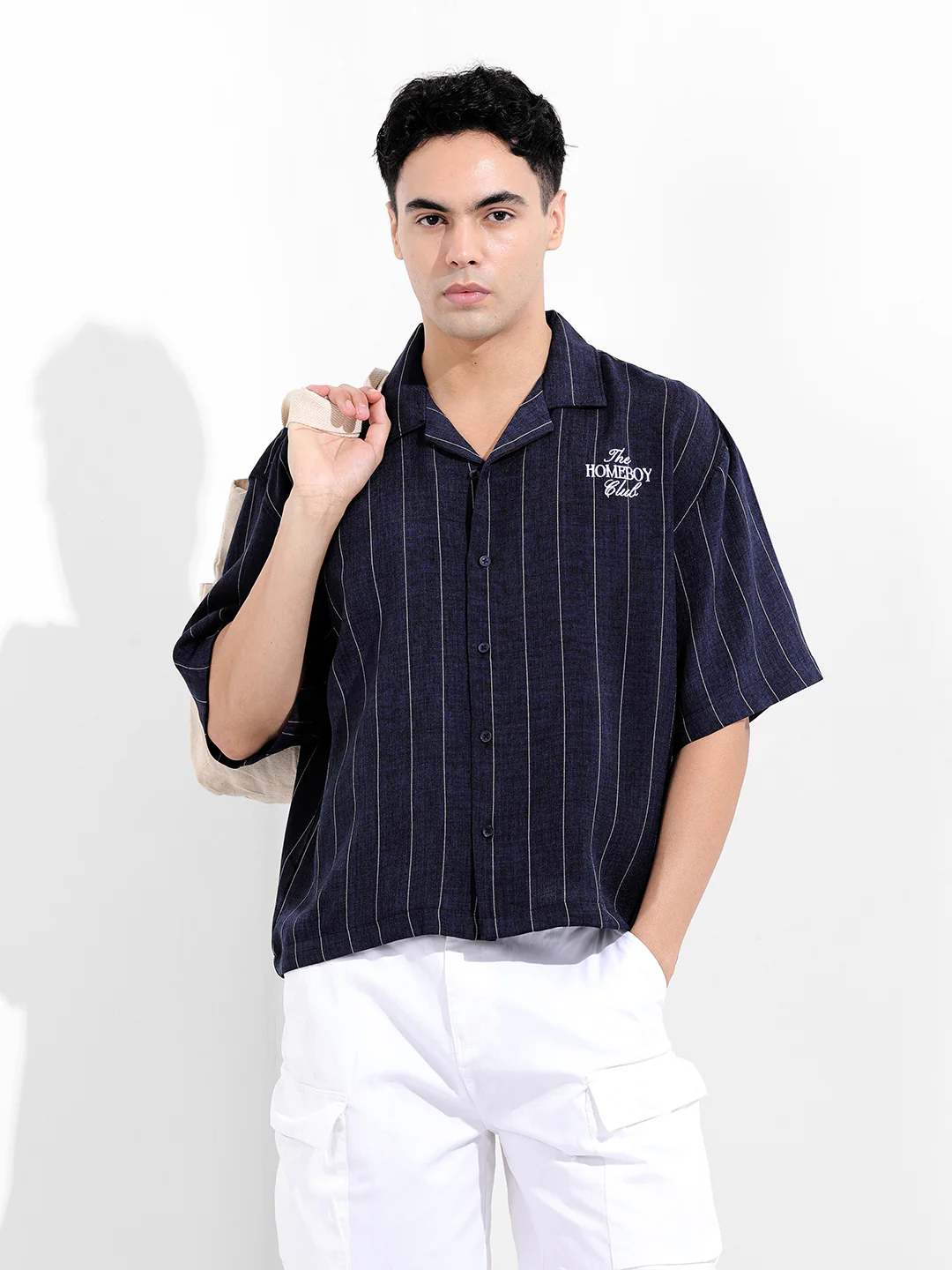 Men's Navy Blue Boxy Fit Embroided  Casual Shirt - Image 2