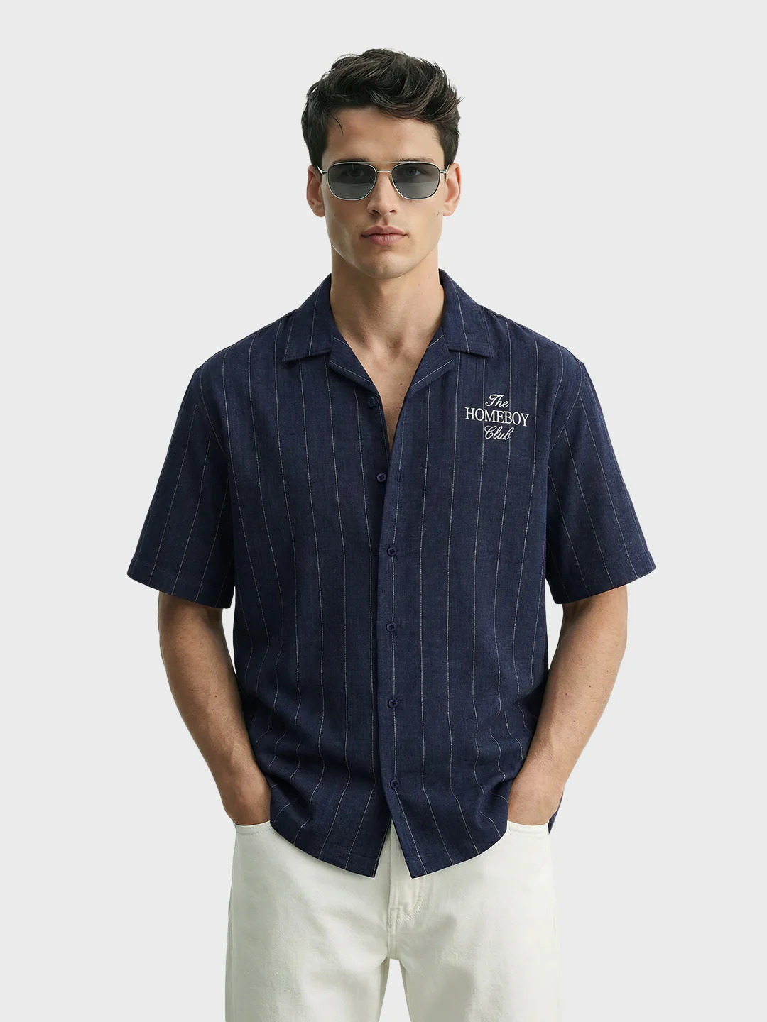 Men's Navy Blue Boxy Fit Embroided  Casual Shirt - Image 3