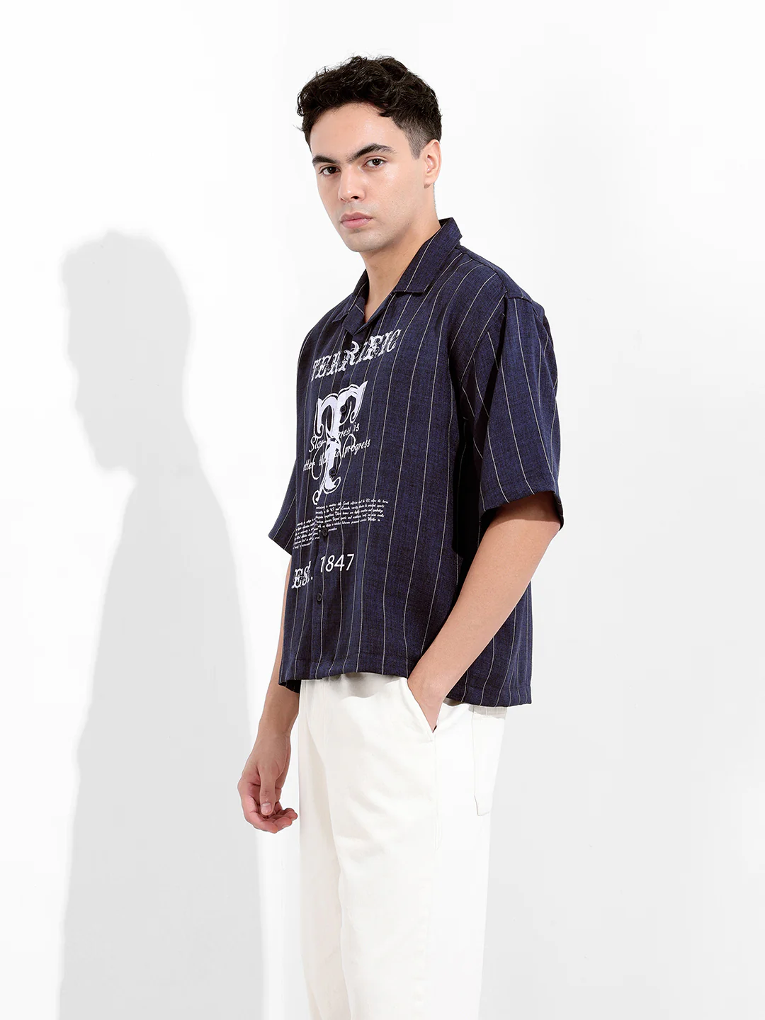Men's Navy Blue Boxy Fit Striped Casual Shirt - Image 3