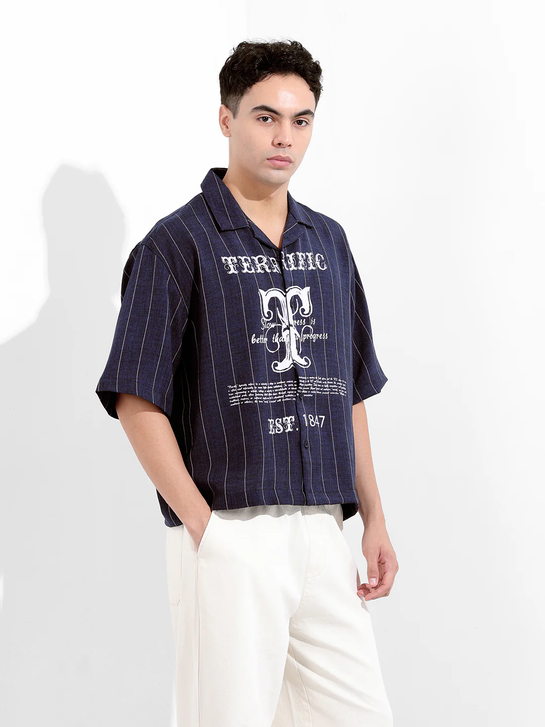 Men's Navy Blue Boxy Fit Striped Casual Shirt - Image 4