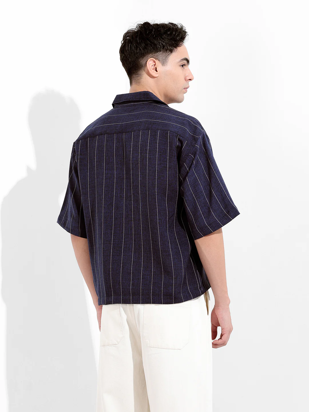 Men's Navy Blue Boxy Fit Striped Casual Shirt - Image 5