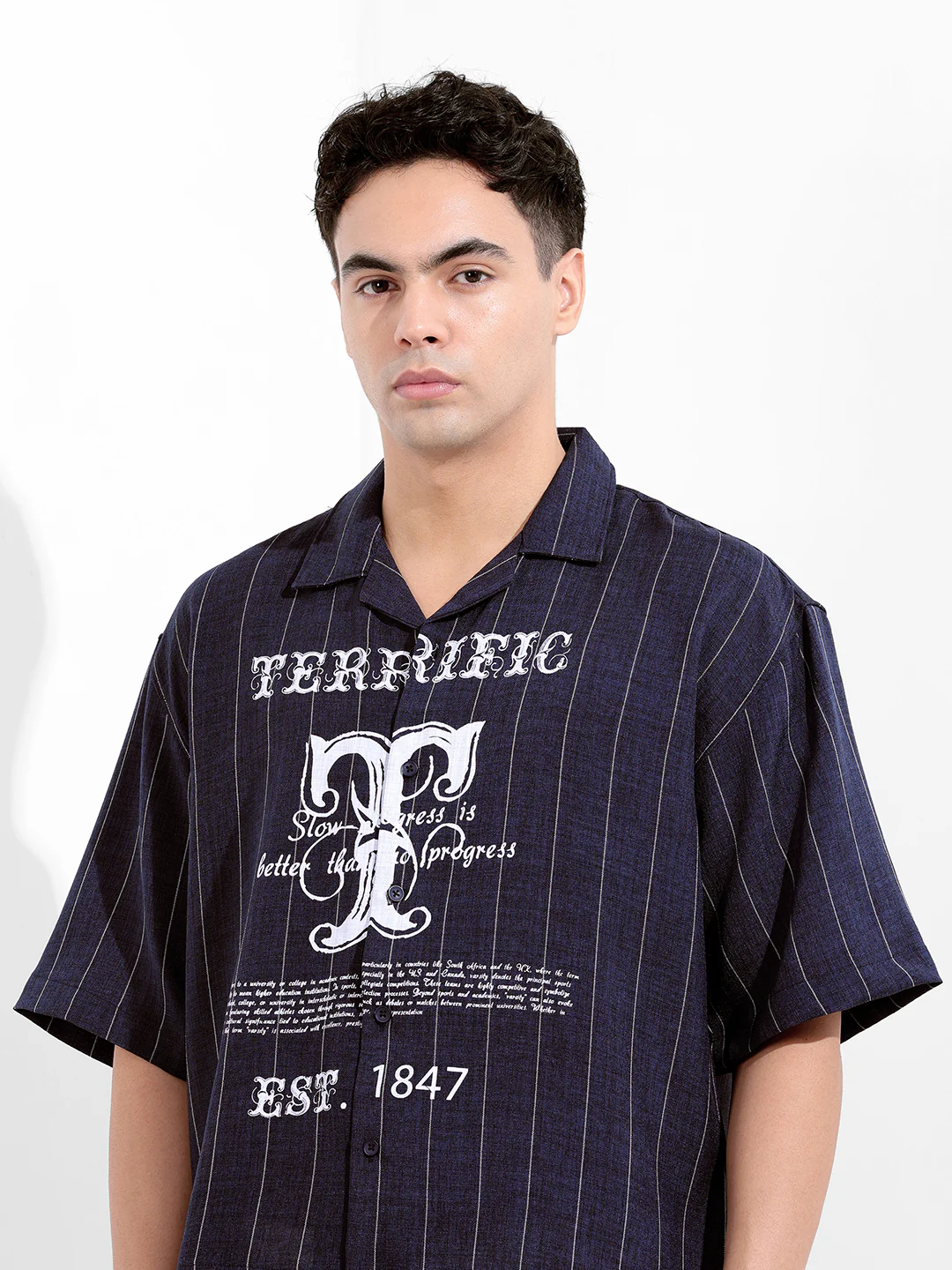 Men's Navy Blue Boxy Fit Striped Casual Shirt - Image 6