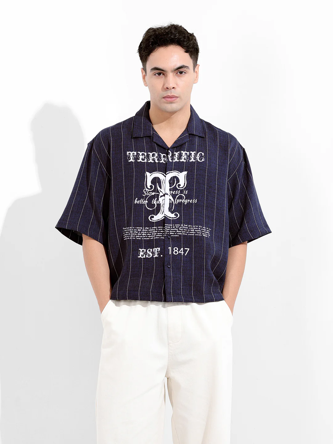 Men's Navy Blue Boxy Fit Striped Casual Shirt - Image 8