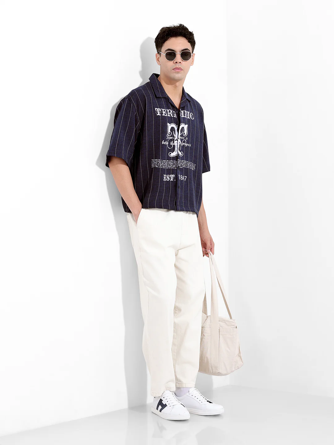 Men's Navy Blue Boxy Fit Striped Casual Shirt - Image 9