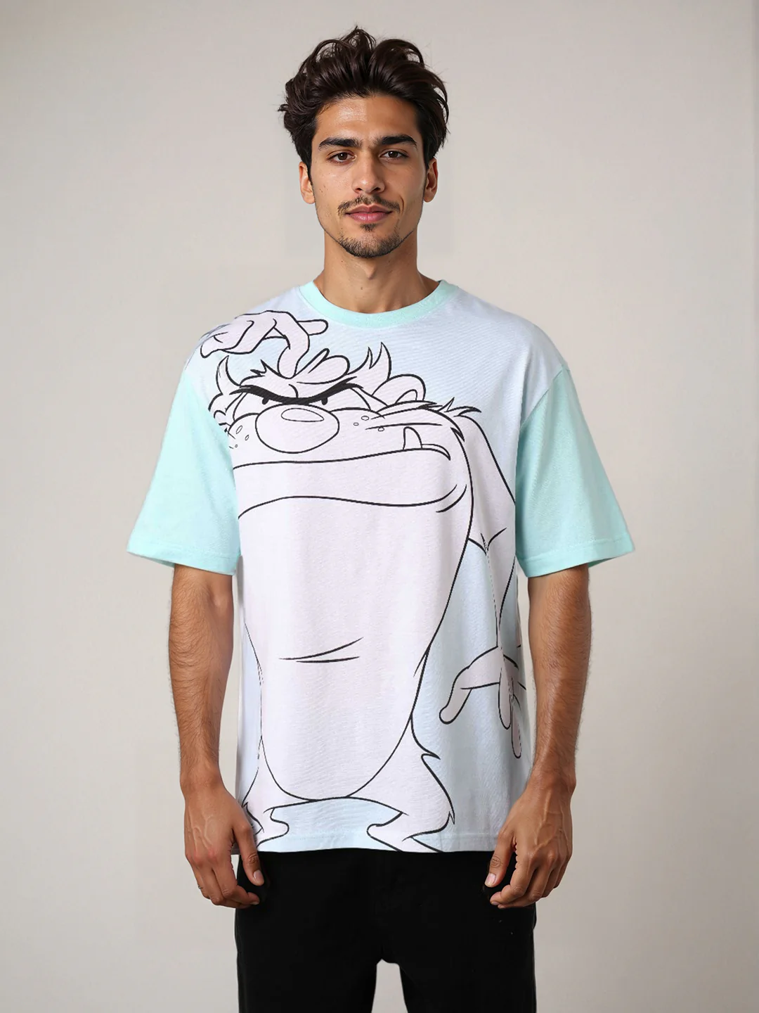 Men's Blue Boxy Fit Character Looney Tunes  Printed Crew Neck T-Shirt - Image 2