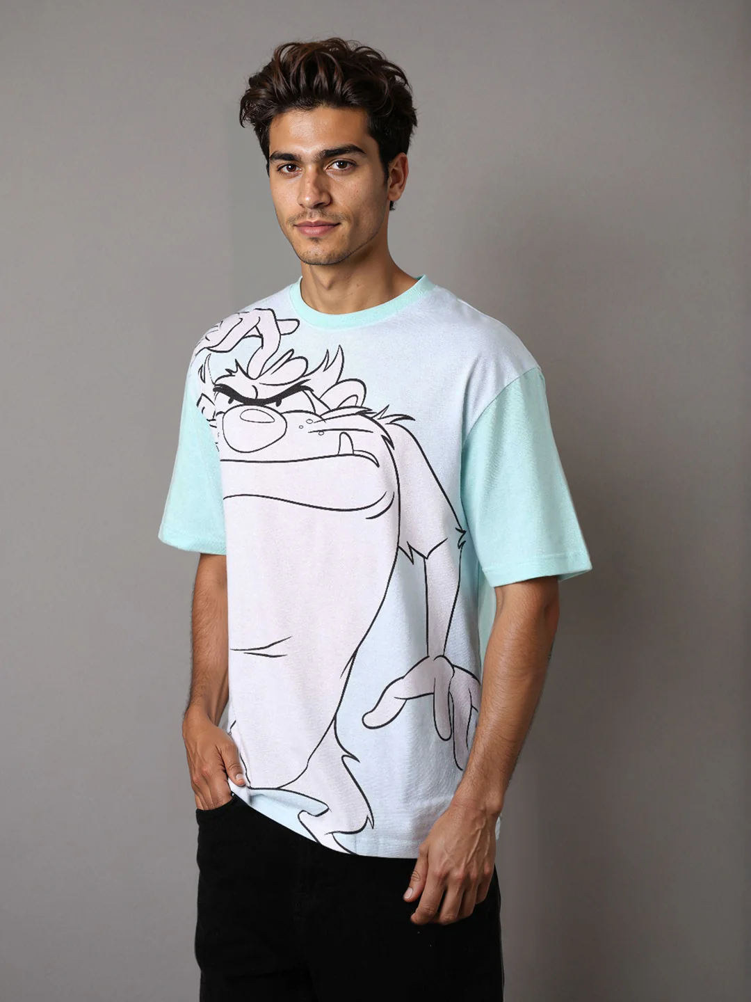 Men's Blue Boxy Fit Character Looney Tunes  Printed Crew Neck T-Shirt - Image 4