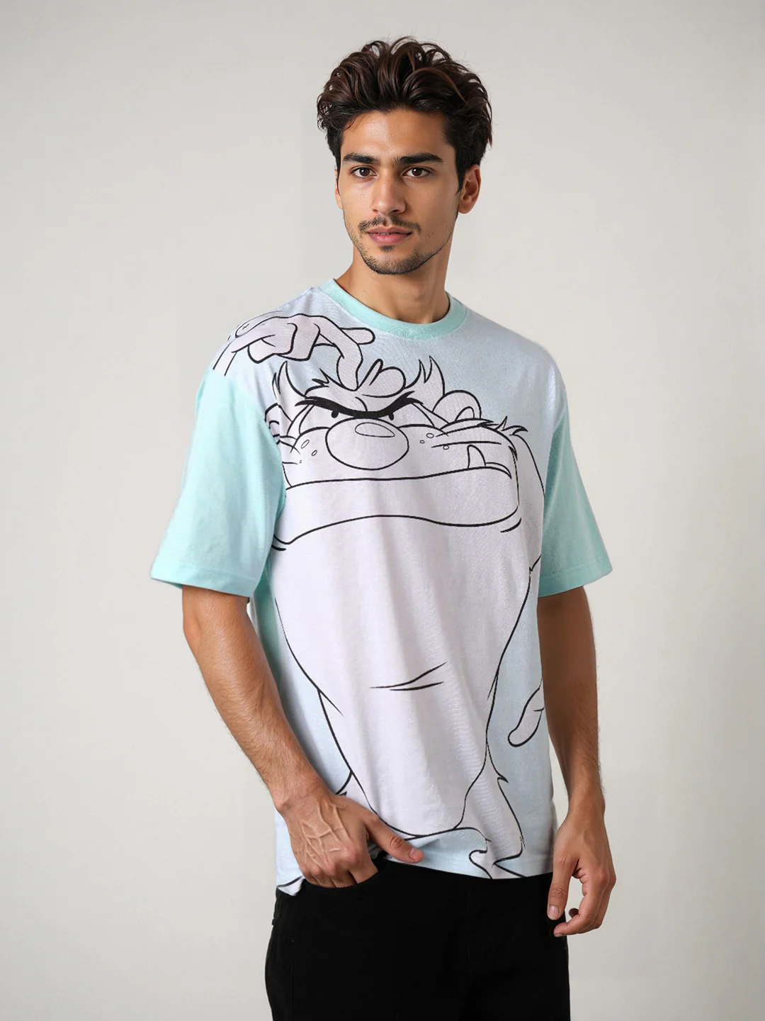 Men's Blue Boxy Fit Character Looney Tunes  Printed Crew Neck T-Shirt - Image 5