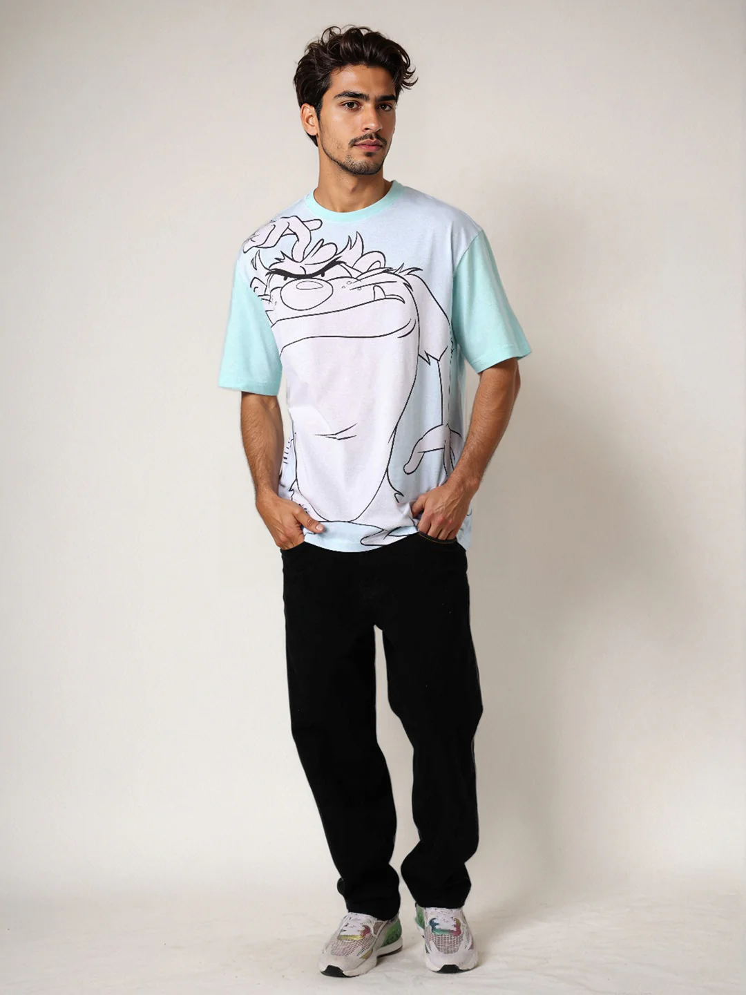 Men's Blue Boxy Fit Character Looney Tunes  Printed Crew Neck T-Shirt - Image 6
