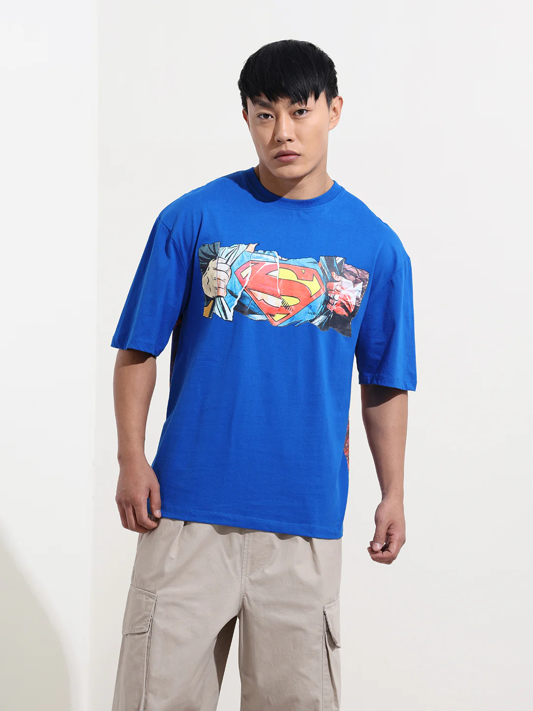 Men's Blue Boxy Fit Character Superman Printed Crew Neck T-Shirt - Image 6