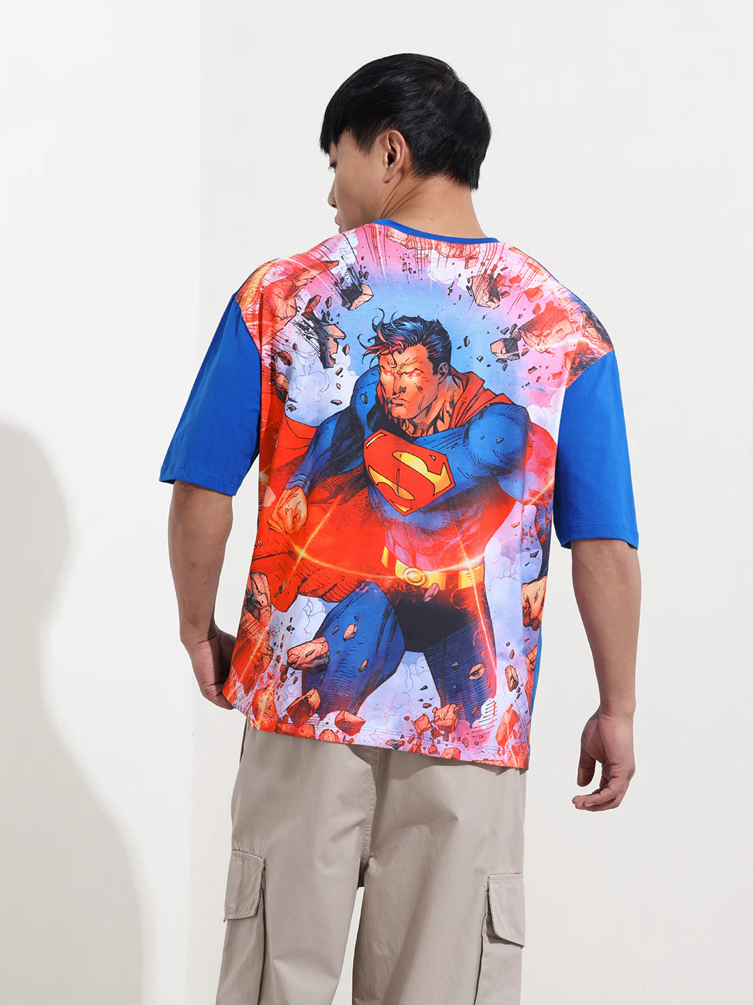 Men's Blue Boxy Fit Character Superman Printed Crew Neck T-Shirt - Image 7