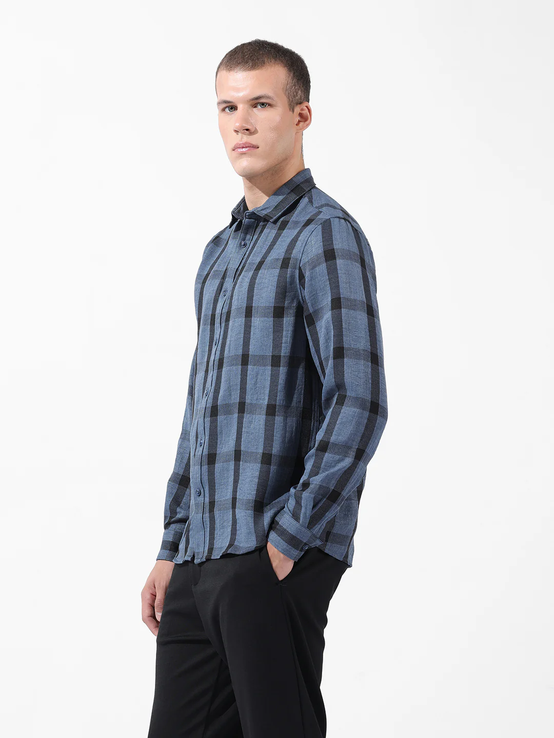 Men's Blue Regular Fit Checked Casual Shirt - Image 4