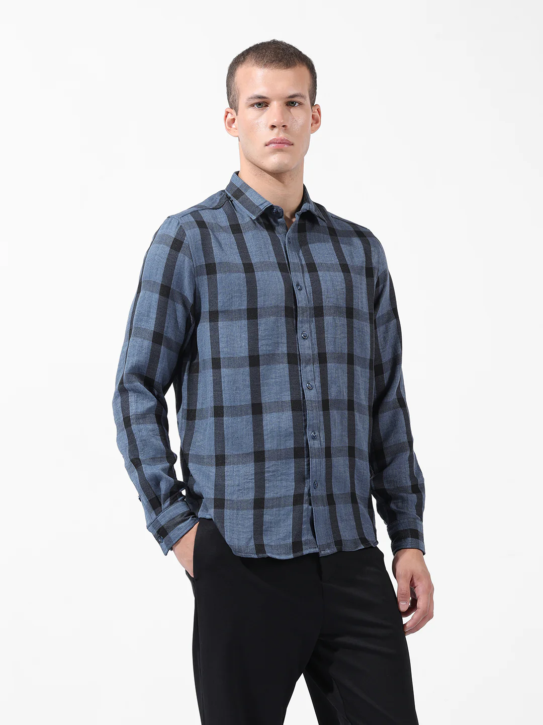 Men's Blue Regular Fit Checked Casual Shirt - Image 5