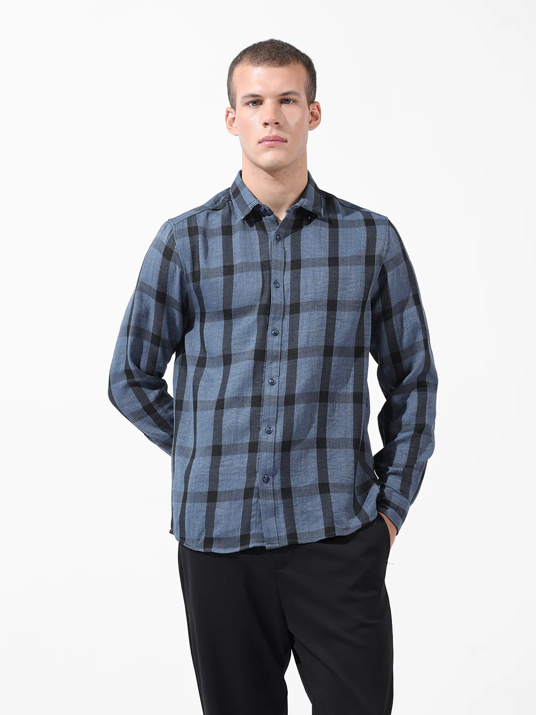 Men's Blue Regular Fit Checked Casual Shirt - Image 7