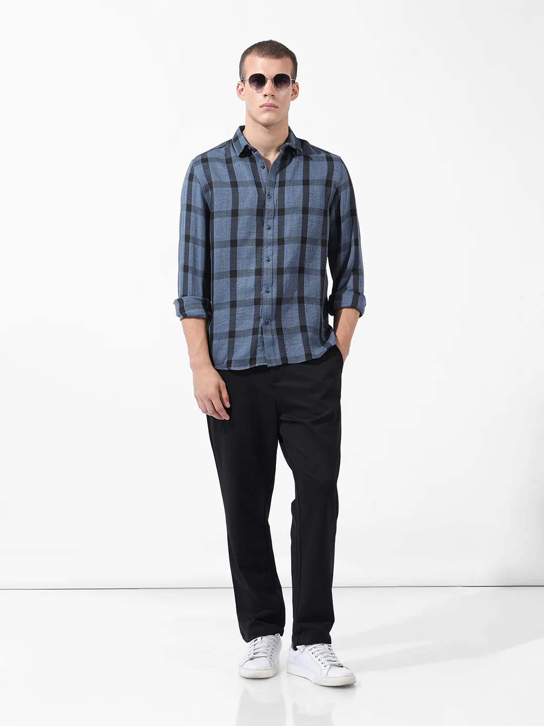 Men's Blue Regular Fit Checked Casual Shirt - Image 8