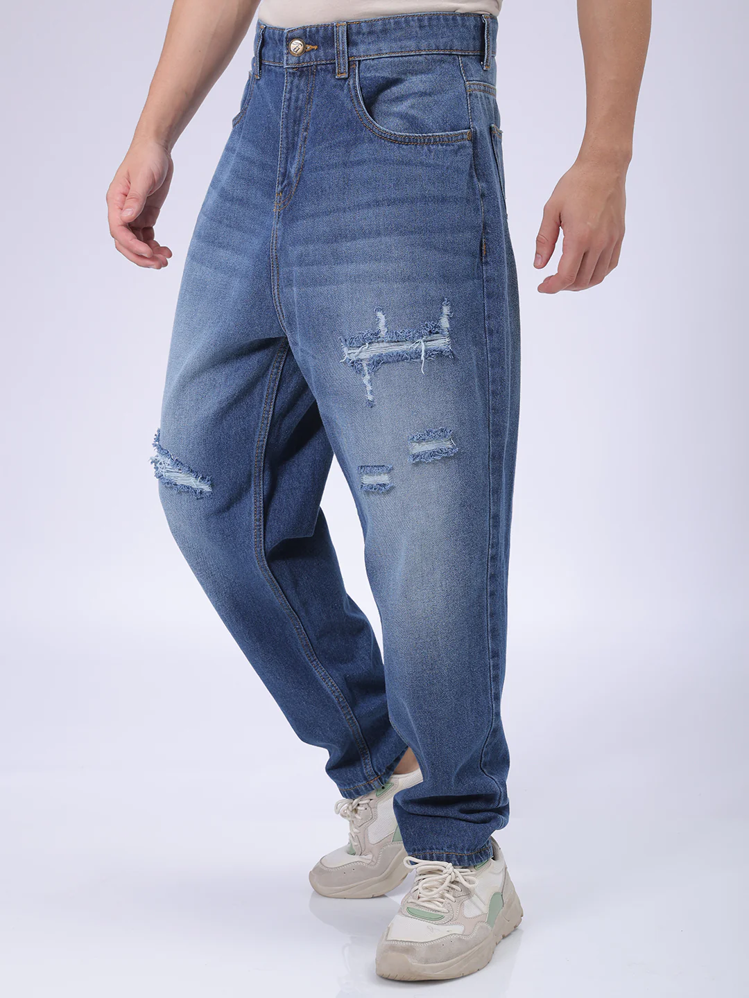 Men's Blue Loose Fit Solid Casual Jeans - Image 3