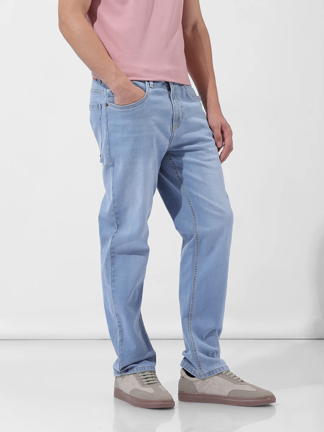 Men's Light Blue Regular Fit Solid Casual Jeans - Image 3