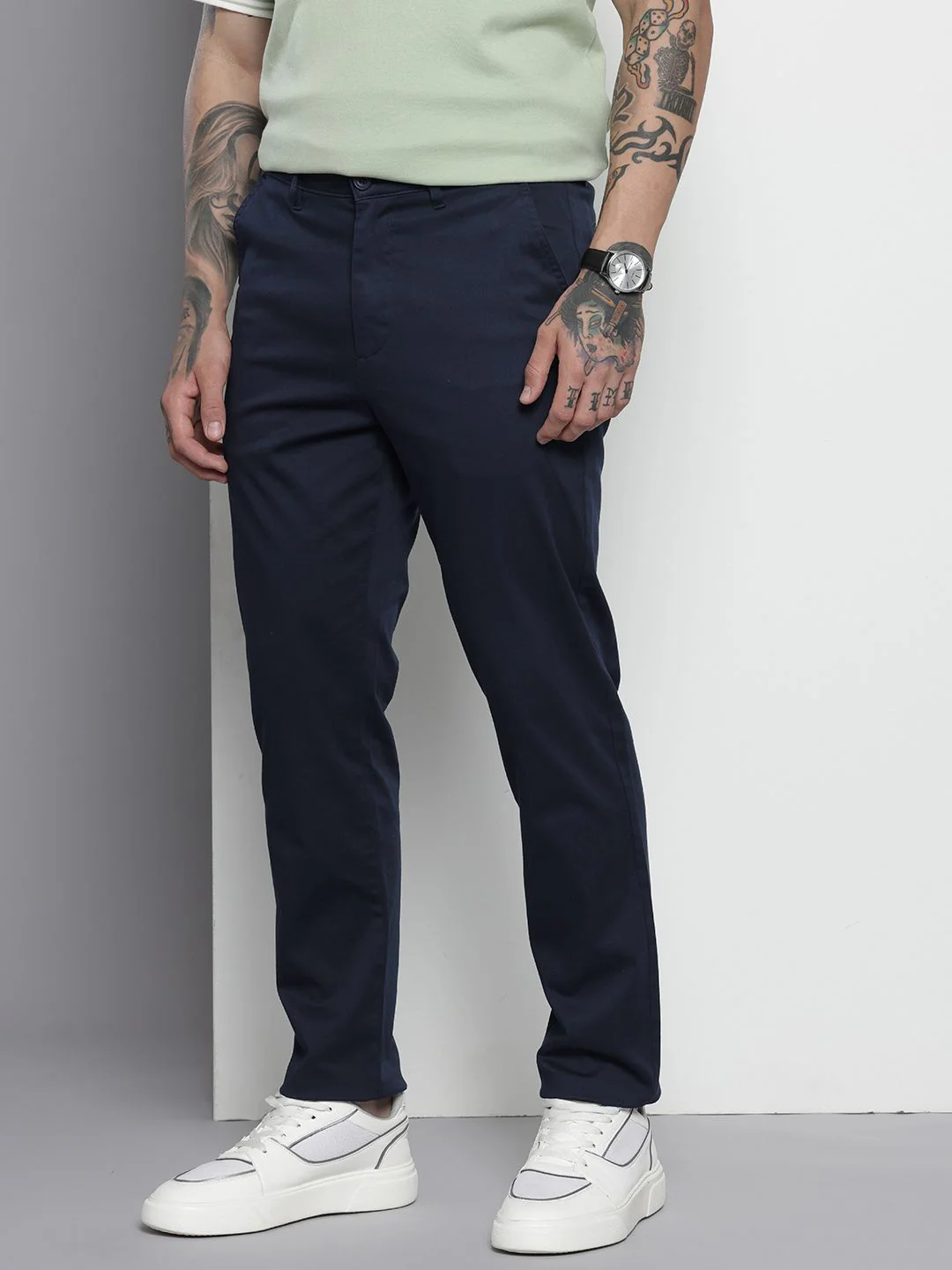 Men's Navy Blue Regular Fit Solid Casual Chinos - Image 2