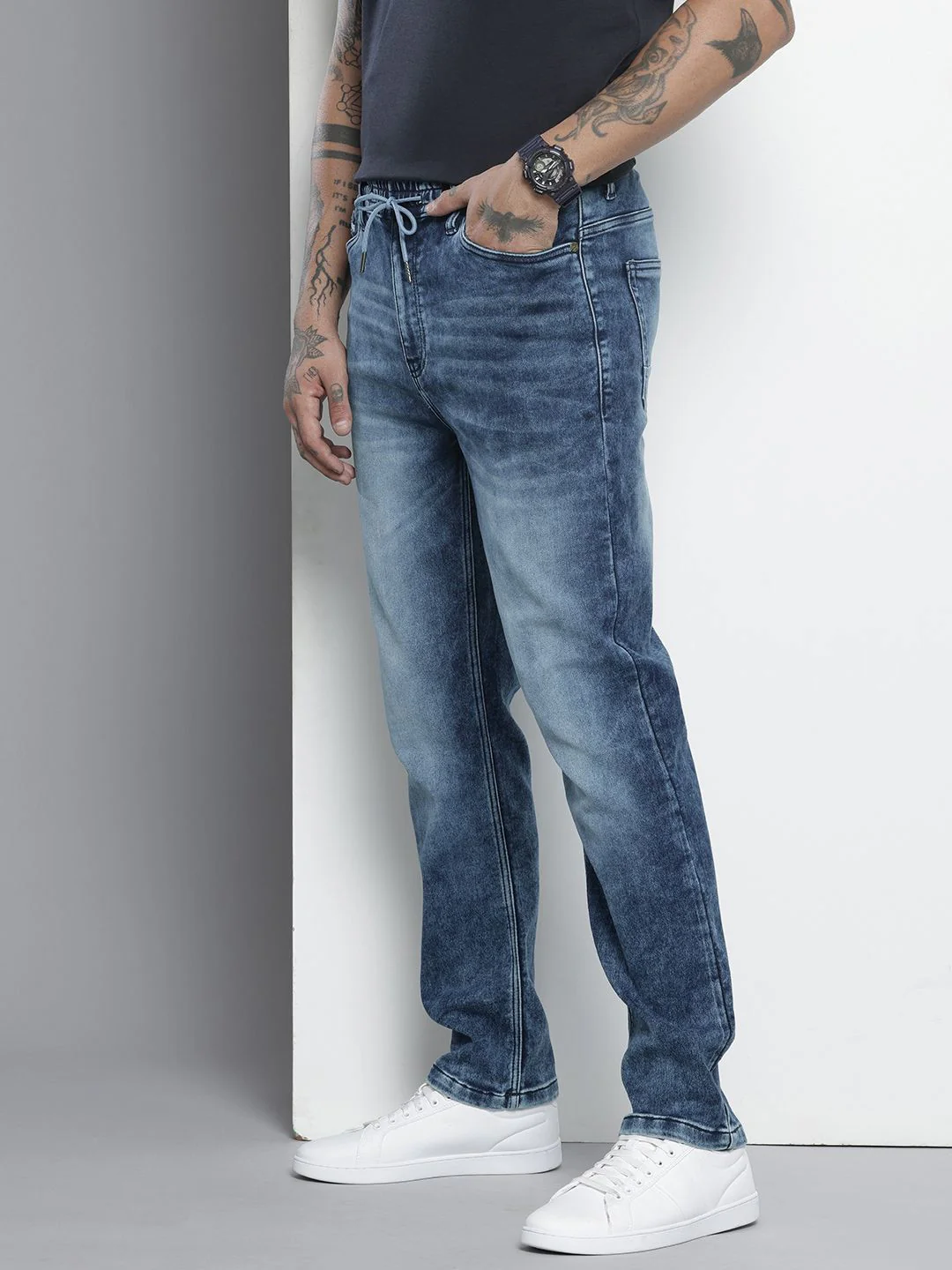 Men's Blue Regular Fit Solid Casual Jeans - Image 3