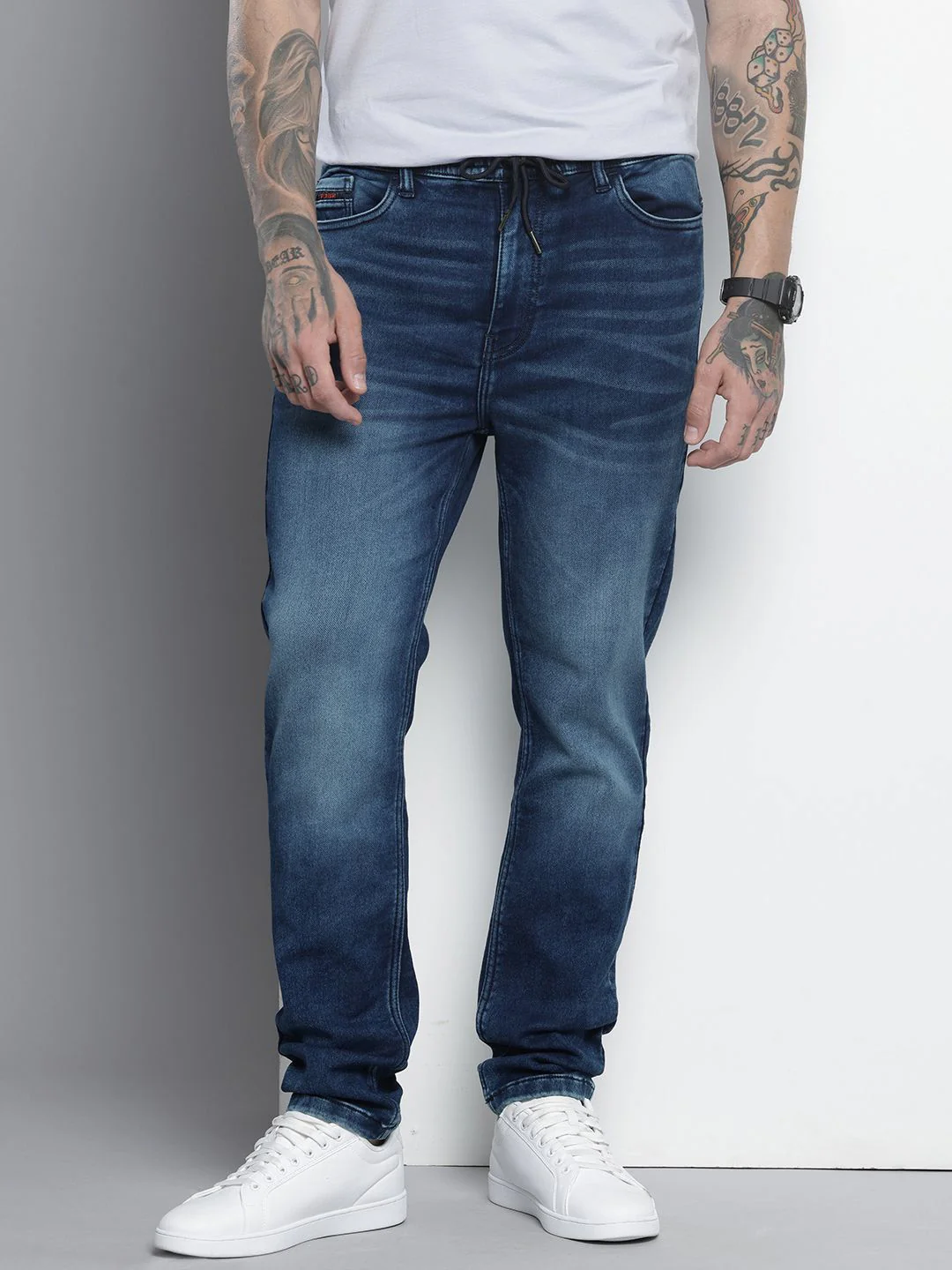 Men's Dark Blue Regular Fit Solid Casual Jeans - Image 3