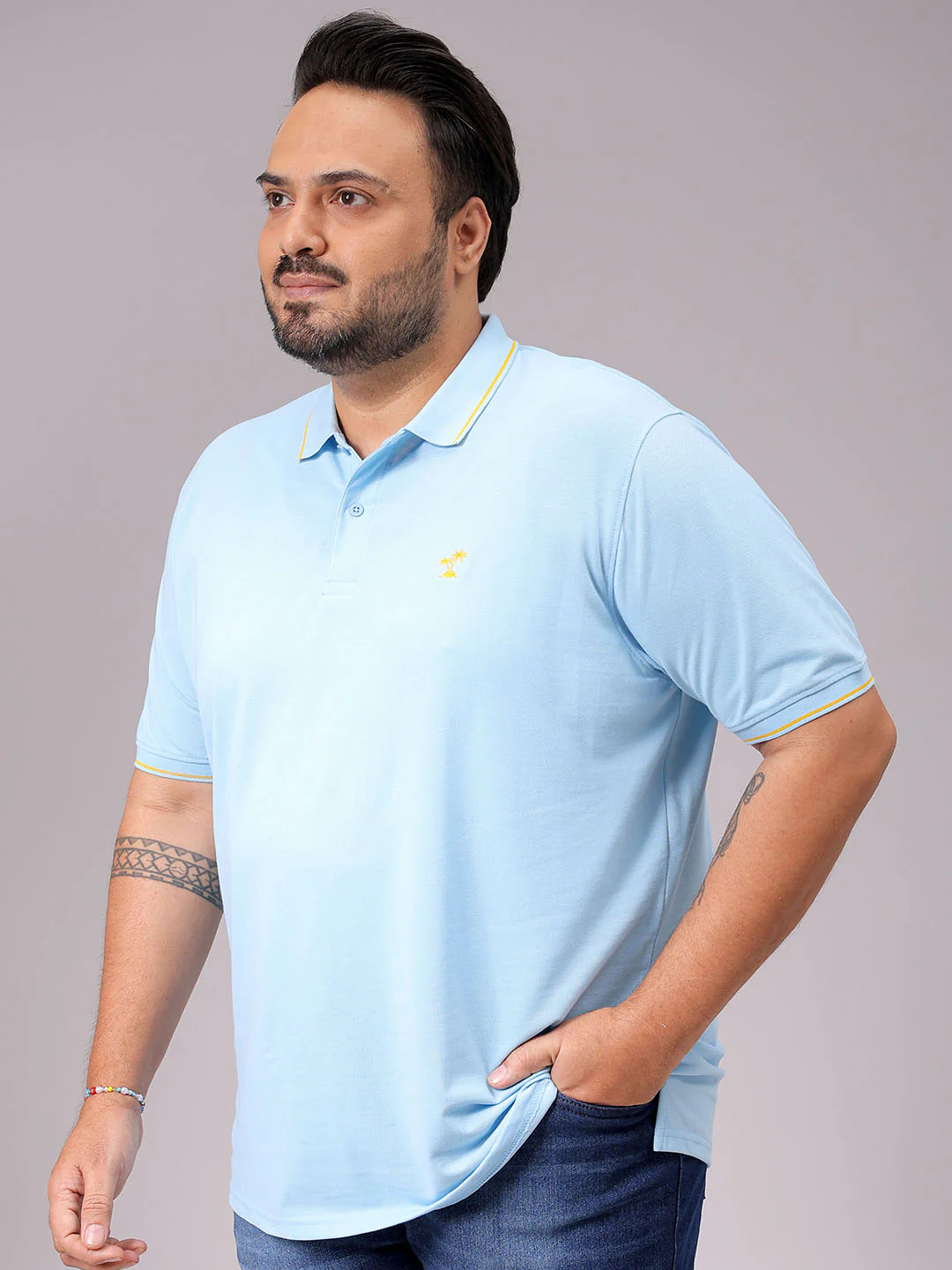 Men's Blue Regular Fit Solid Polo Plus Size T-shirt - Image 4