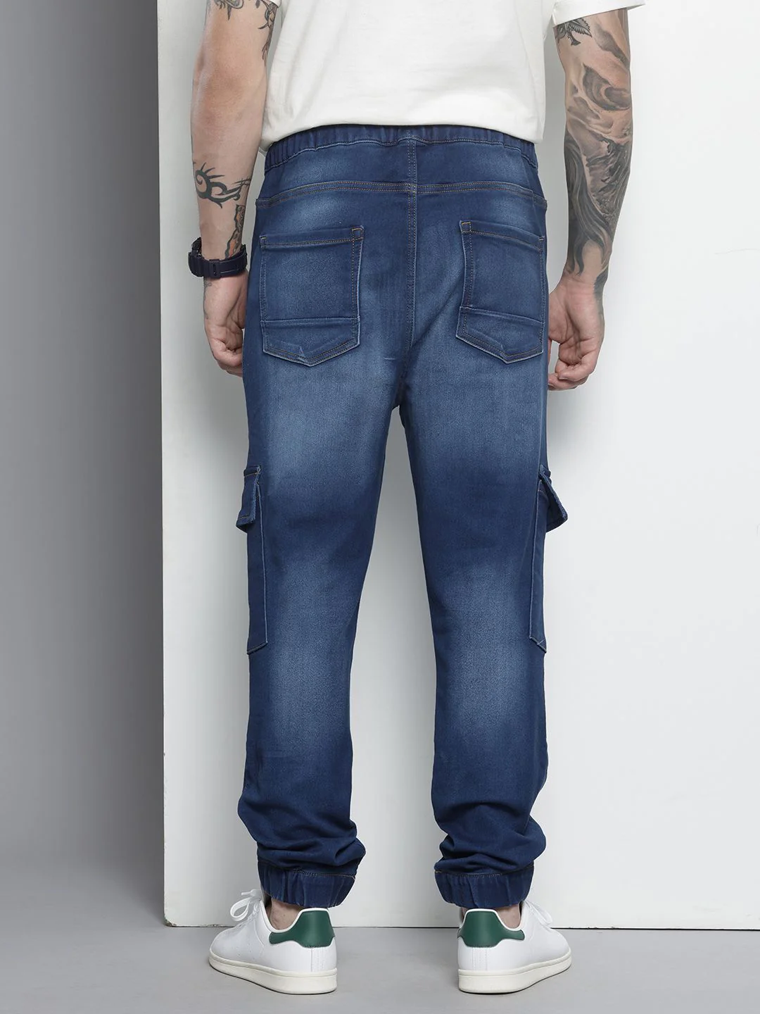 Men's Blue Regular Fit Solid Utility Jeans - Image 4
