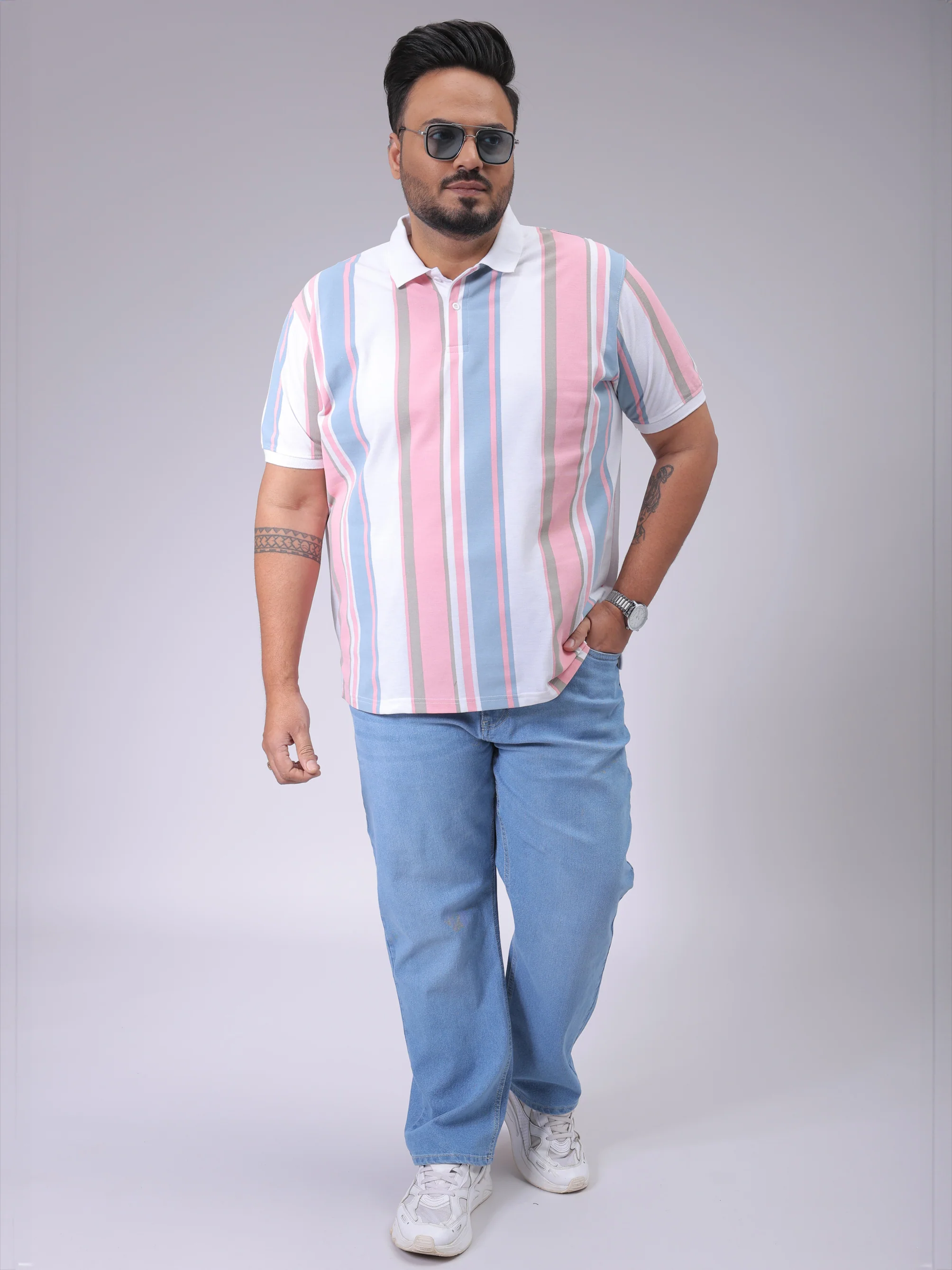 Men's Blue Regular Fit Striped Polo Plus Size T-shirt - Image 3