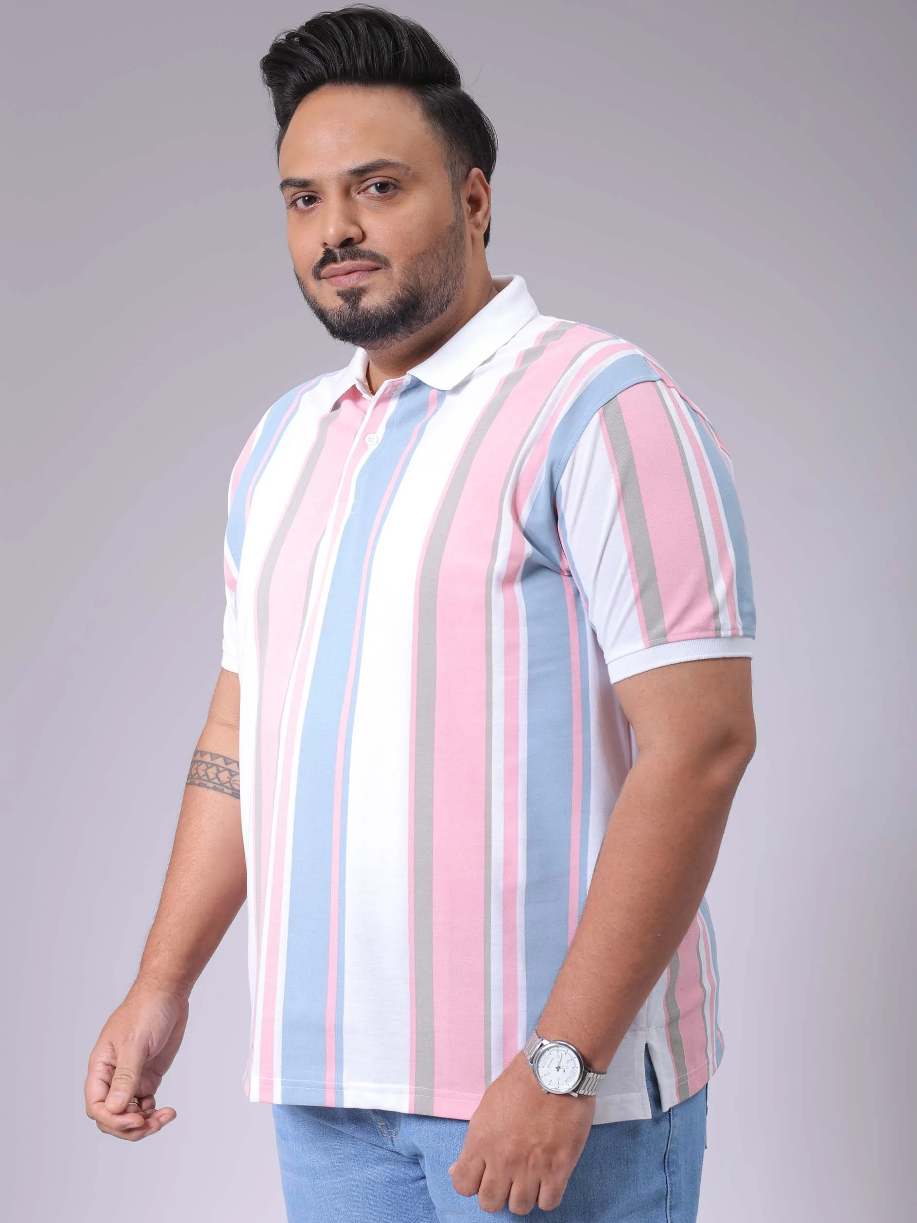 Men's Blue Regular Fit Striped Polo Plus Size T-shirt - Image 4