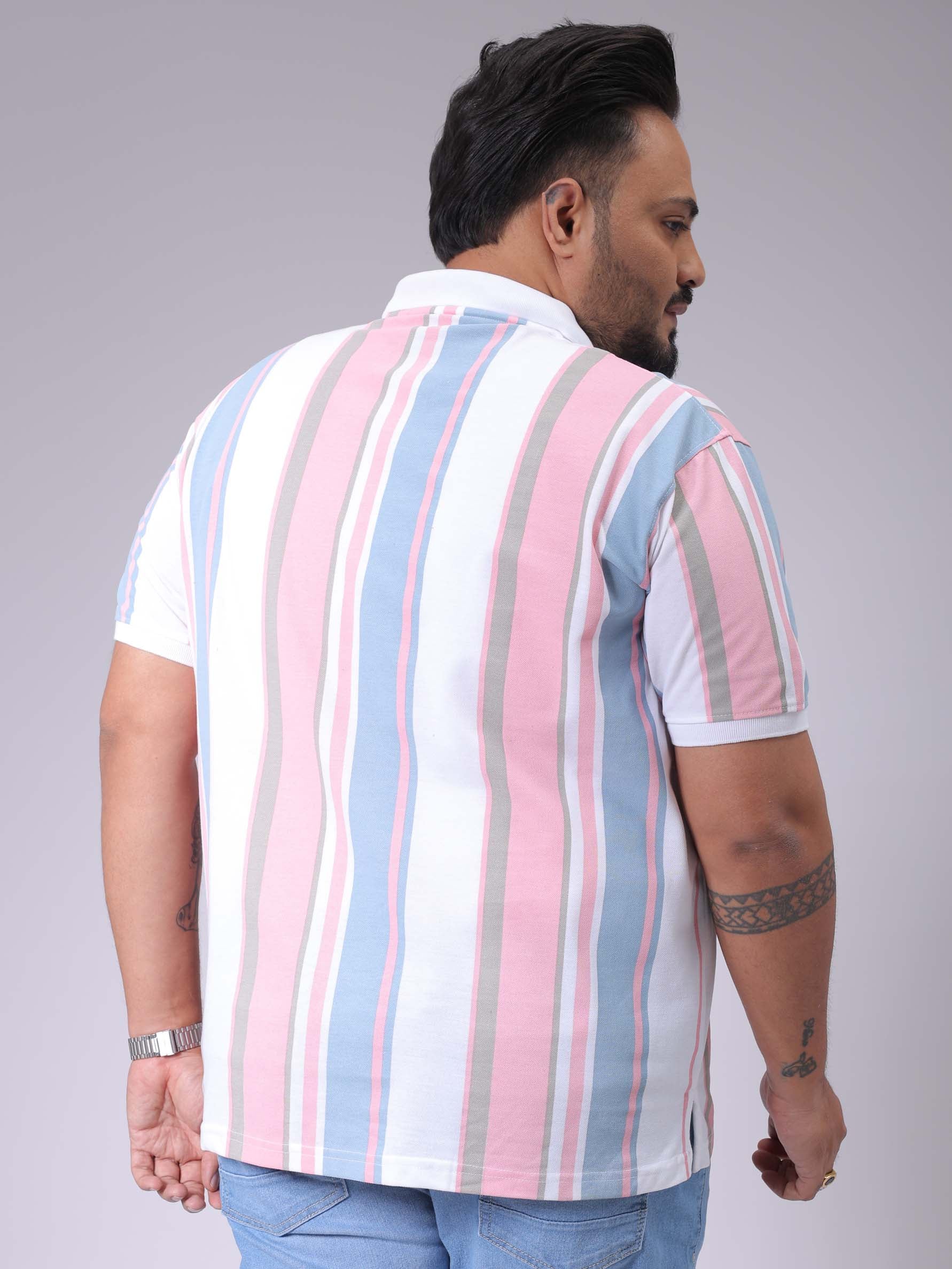 Men's Blue Regular Fit Striped Polo Plus Size T-shirt - Image 5