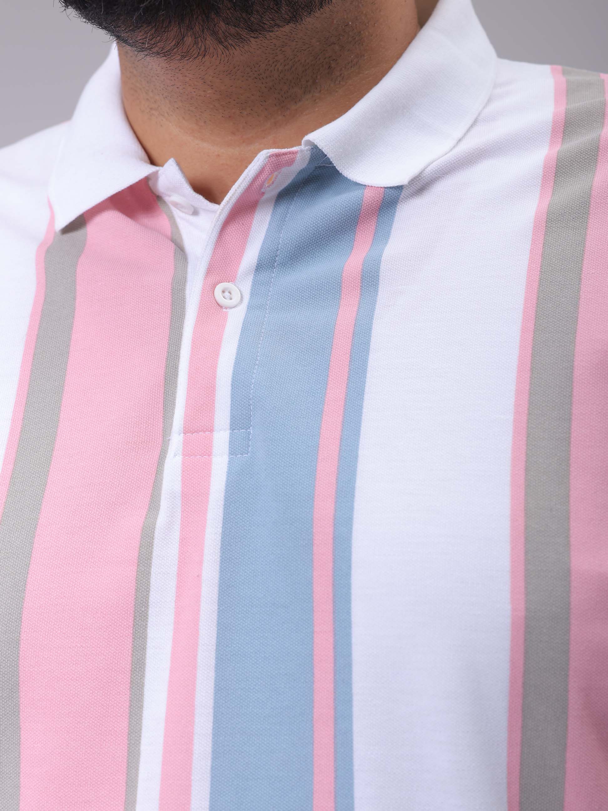 Men's Blue Regular Fit Striped Polo Plus Size T-shirt - Image 6
