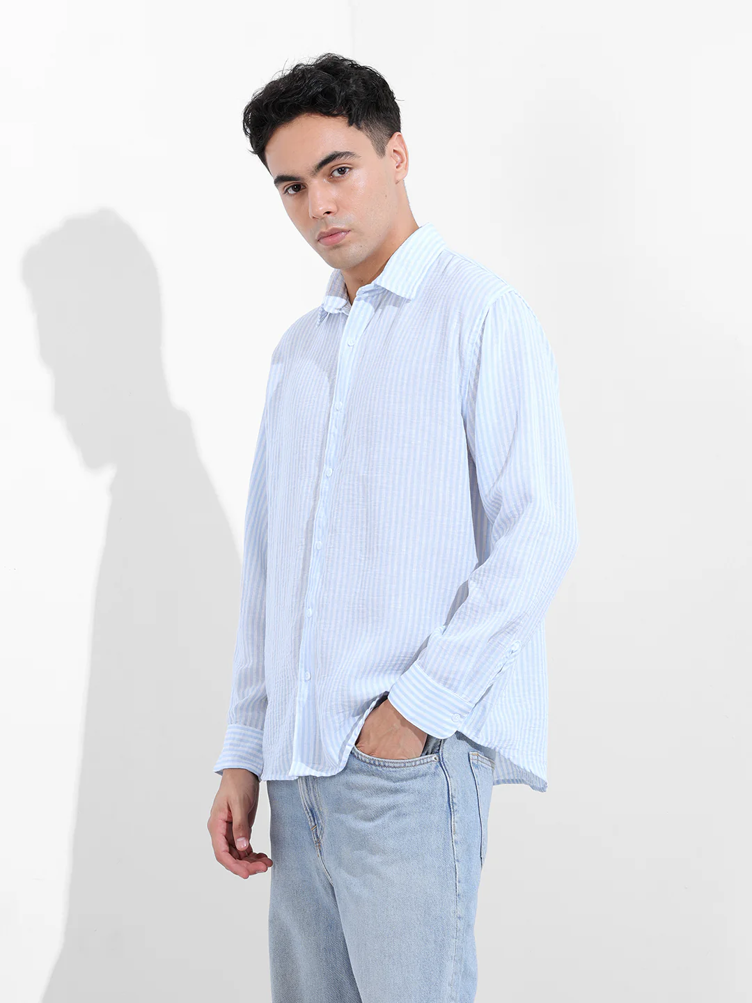 Men's Blue Relaxed Fit Striped Casual Shirt - Image 2