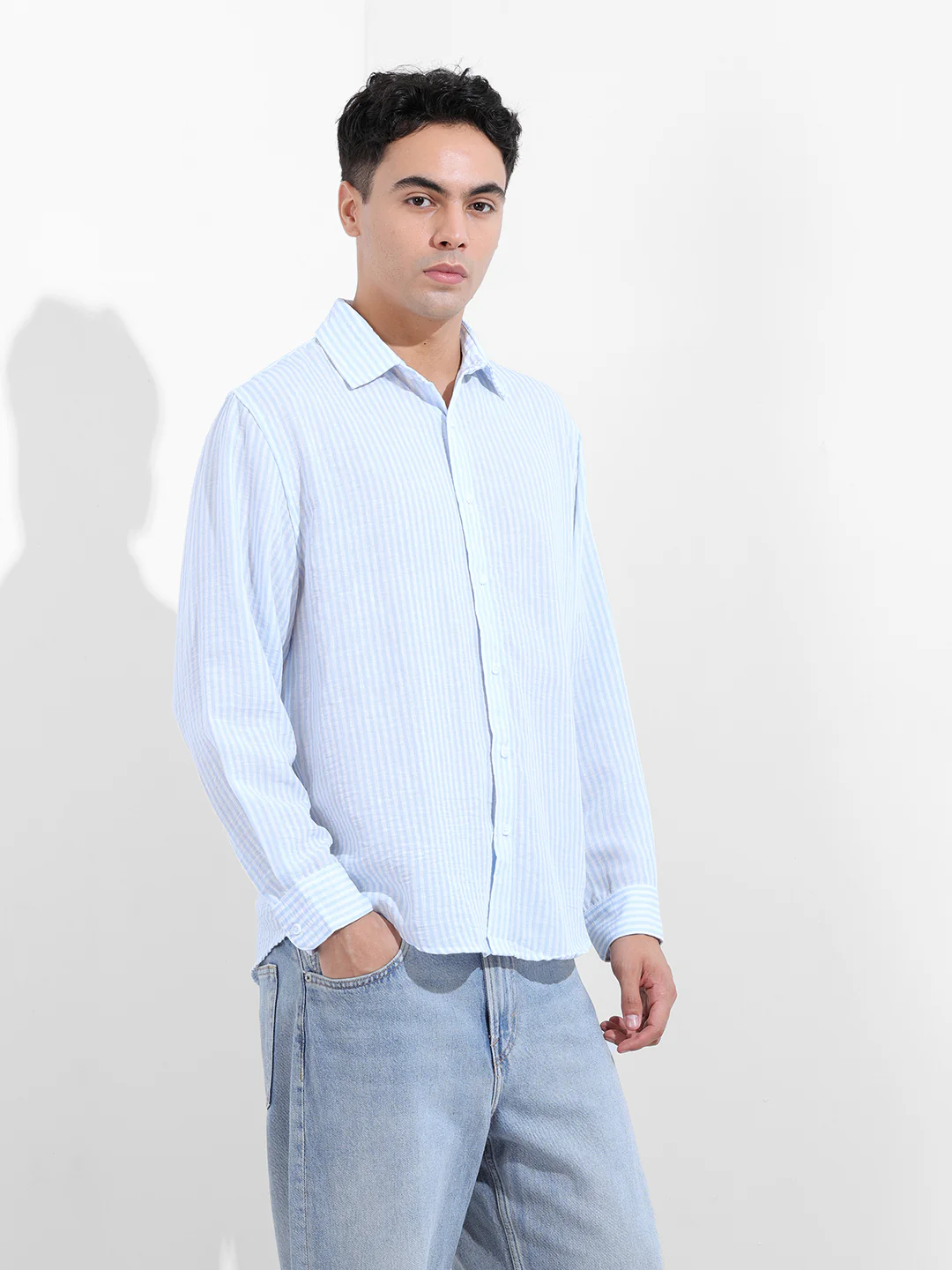 Men's Blue Relaxed Fit Striped Casual Shirt - Image 3